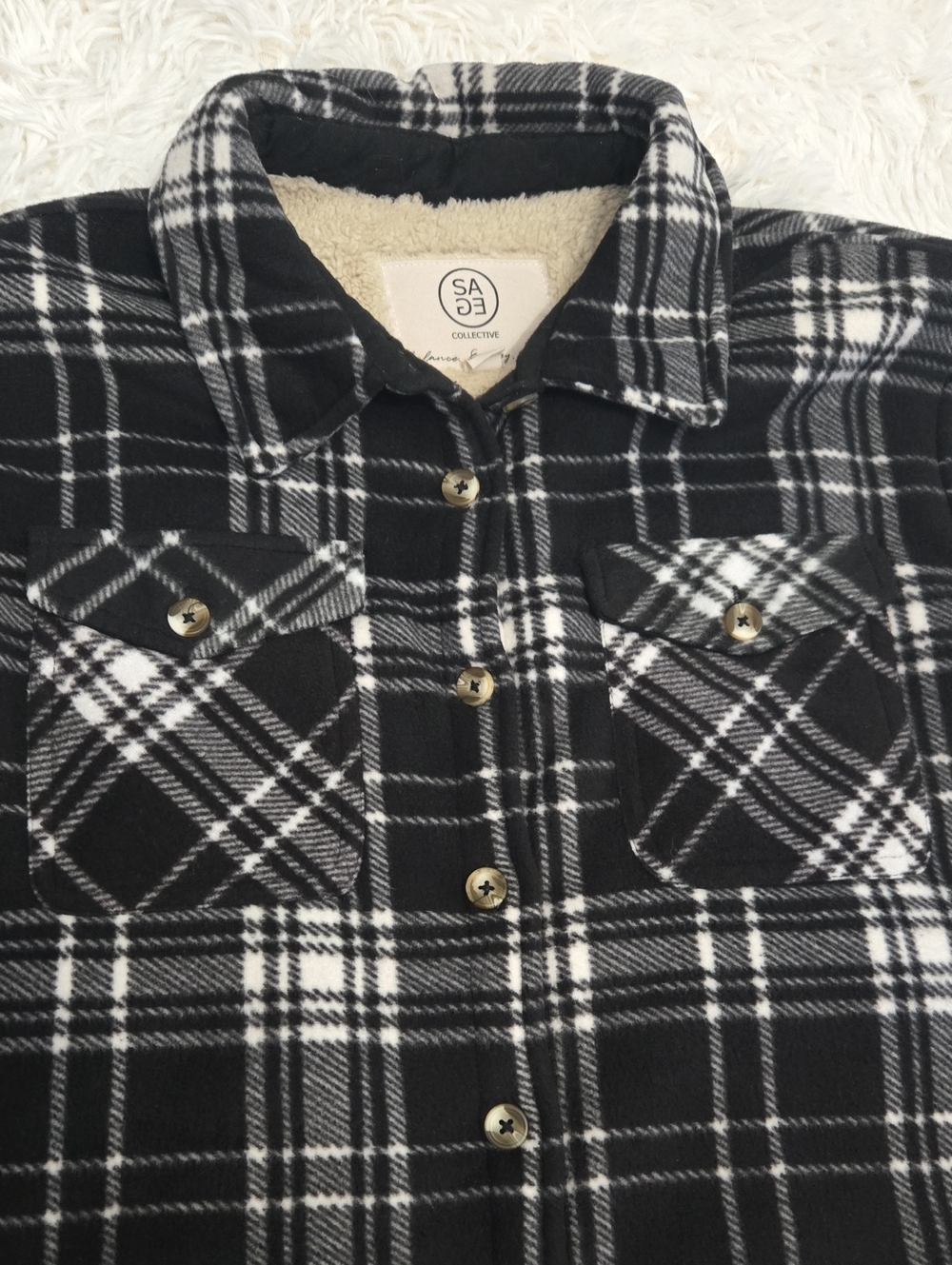 The Sage Collective Black & White Plaid Sherpa-Lined Shacket Size XL